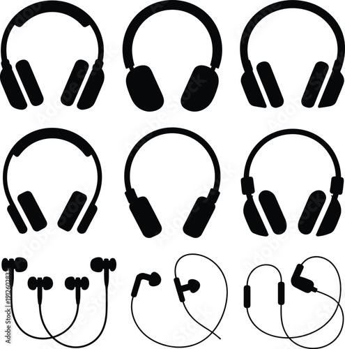Set of headphones and earphones silhouettes isolated on white background representing audio technology music listening devices modern equipment sound accessories collection illustration