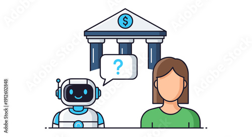 An illustrative depiction of artificial intelligence, a robot, and a human interacting with a bank building, symbolizing financial technology and customer service.