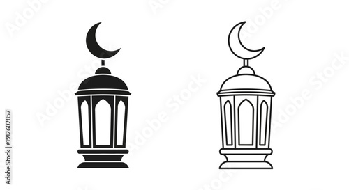 Black vector silhouette and outline of a traditional Ramadan lantern with a crescent moon finial, isolated on a transparent background.