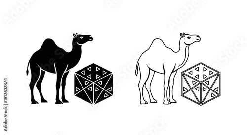 Vector illustration of a black silhouette and outline camel standing beside a geometric polyhedron shape, isolated on a white background.