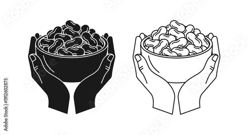 Vector illustration of two hands holding a bowl of peanuts, presented in both solid black silhouette and outline styles, isolated on a transparent background.