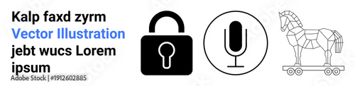 Data security, digital privacy, cyber threats, online safety, encryption, confidentiality. Lock, microphone and Trojan horse elements. Data security and digital privacy