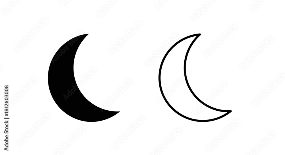 Obraz premium Vector crescent moon icon set in solid black and outline styles, isolated on a transparent background, suitable for app UI and website design.