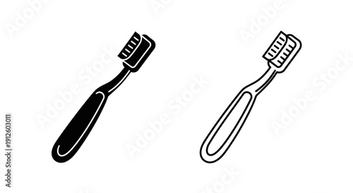 Vector black silhouette and outline icons of a toothbrush with bristles, isolated on a transparent background for dental hygiene branding.