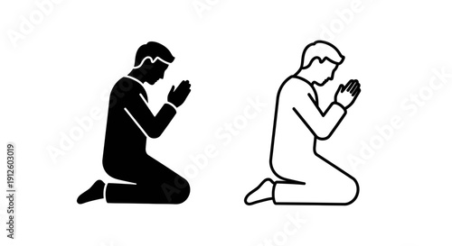Vector illustration of a man kneeling and praying, presented as both a solid black silhouette and an outlined icon, isolated on a transparent background.