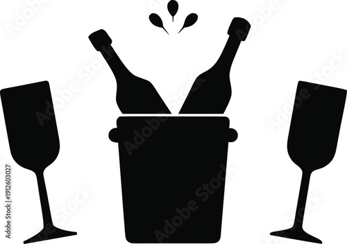 Final toast champagne clinking flutes bottle and ice bucket three silhouette vector illustration