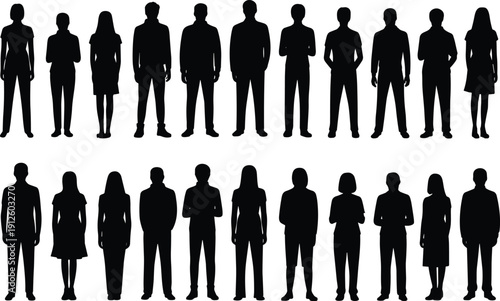 Collection of adult men and women silhouettes standing in rows, representing diversity, workforce, community, teamwork, and modern society in clean black vector illustration set