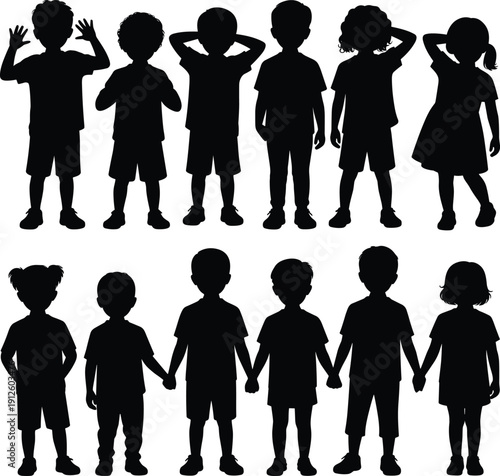 Collection of diverse children silhouettes standing and holding hands, symbolizing friendship, unity, teamwork, childhood innocence, and community in clean black vector illustration isolated on white