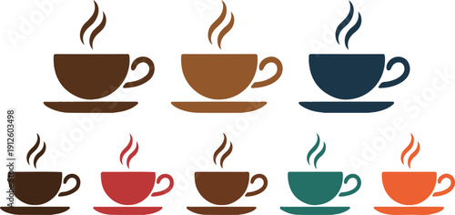 Coffee Cup Vector Icon Set  Steaming Hot Beverages on Saucers