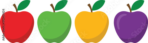 Colorful apple fruit icons set in red, green, yellow and purple isolated on white background representing healthy food, nutrition, harvest and flat vector design