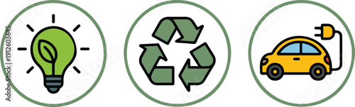 Eco & Green Energy Icon Set  Recycling, Solar, and Wind Symbols