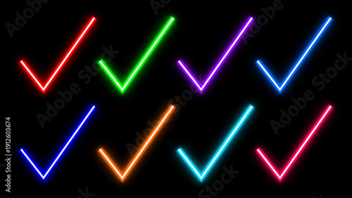 Neon tik mark icon. Glowing check mark icon vector. Varity neon color icon on black background.