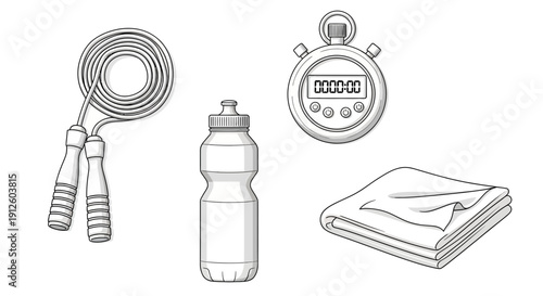 Fitness Equipment Set: Jump Rope, Water Bottle, Stopwatch, Towel - Healthy Lifestyle Icons