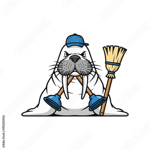 Angry walrus mascot character with plungers and broom, professional cleaning service or plumbing business logo concept