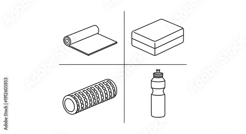 Fitness Equipment Set: Yoga Mat, Blocks, Foam Roller, Water Bottle - Line Art