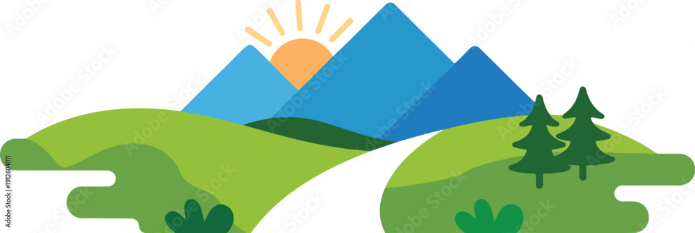 Naklejka premium Mountain Sunrise Landscape Outline Icon Set Winding Road and Nature Scenery