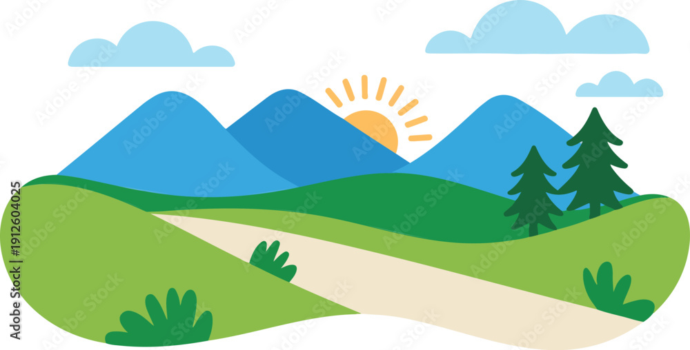 Fototapeta premium Mountain Sunrise Landscape Outline Icon Set Winding Road and Nature Scenery