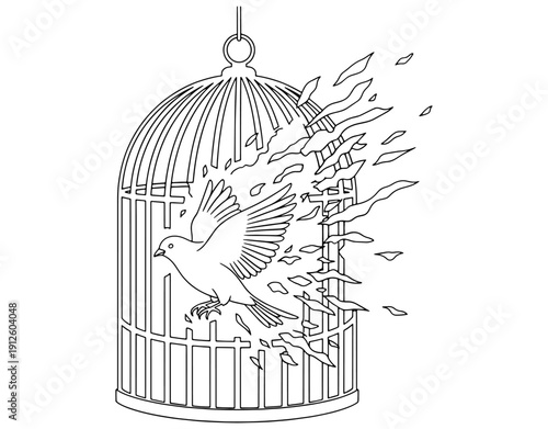 Bird Escaping from a Cage Symbolizing Freedom and Hope Concept, Minimalist Line Art Illustration of Liberty and Success, Vector Design for Inspiration and New Beginnings.