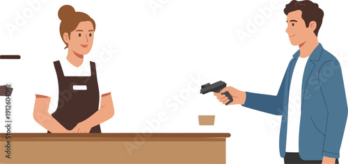 Coffee Shop POS Payment Outline Icon Set  Credit Card Transaction at Counter