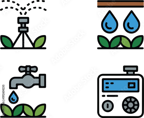 Garden Watering Tools Outline Icon Set  Hose, Sprinkler, and Watering Can Collection
