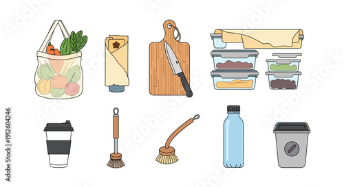 A collection of eco-friendly and reusable household items, including bags, food wraps, cutting boards, storage containers, and bottles, promoting sustainable living practices.