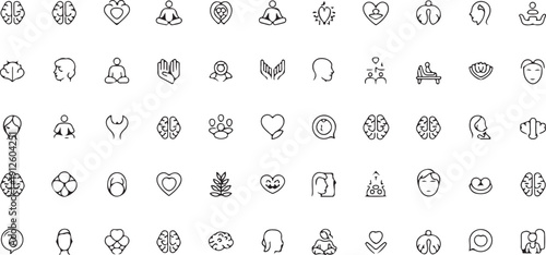 60 Brain and Psychology Icons: Mental Health, Ideas, Cognition, Therapy, Mind, and Neuroscience Concepts Isolated white background