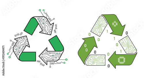 Conceptual illustration depicting two green recycling symbols incorporating circuit board patterns and binary code, representing electronic waste and sustainable technology.