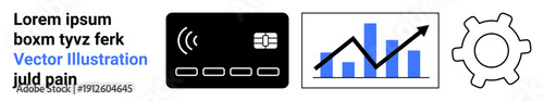 Payment systems, financial growth, analytics, business operations, technology, process improvement. Credit card, upward graph gear icon. Financial growth and analytics concept