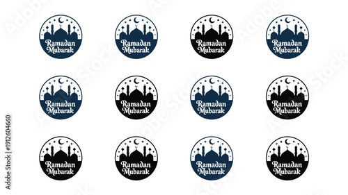 Collection of elegant ramadan mubarak badges with city skyline and crescent moon design elements