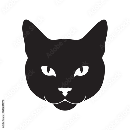 Mysterious black cat face silhouette, intense stare, black and white vector illustration