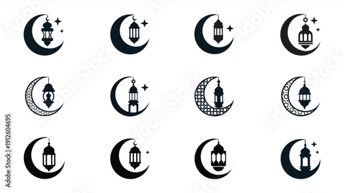 A collection of 12 modern islamic ramadan icons featuring crescent moons and lanterns in black on white background for design and decoration