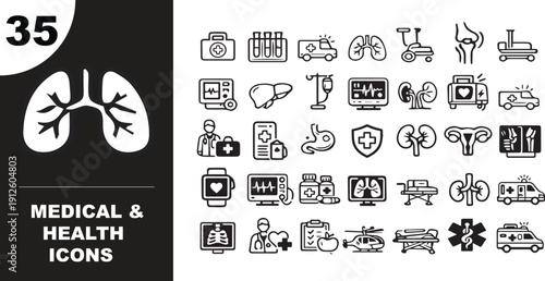 Collection of modern flat icons for medical and health industry, representing healthcare, science, and wellness services
