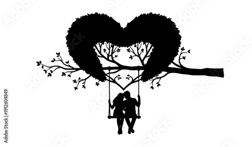 Romantic Couple on Swing Under Heart Tree Silhouette Vector