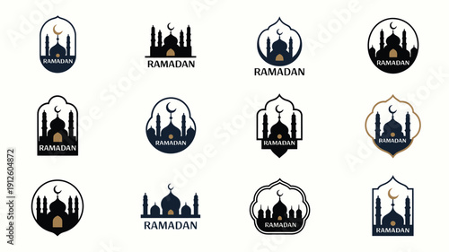 Collection of modern ramadan logos and icons featuring mosque silhouettes crescent moons and islamic architecture on white background