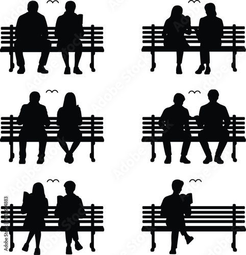 Couples silhouettes sitting on park bench in different poses isolated on white background symbolizing love, friendship, conversation, relaxation, companionship and peaceful outdoor moments