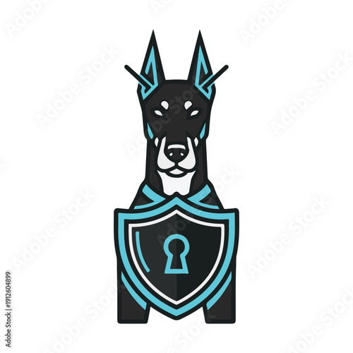 Vigilant Doberman guard dog illustration with a strong shield and keyhole symbol, representing robust digital security, cyber protection, and reliable defense