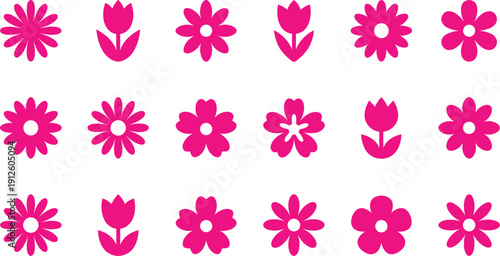 Pink flower icons set with simple floral shapes and blossoms, ideal for spring designs, feminine branding, stickers, patterns and greeting cards
