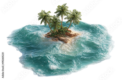 Tropical island with palm cluster and ocean waves, isolated on transparent cutout background