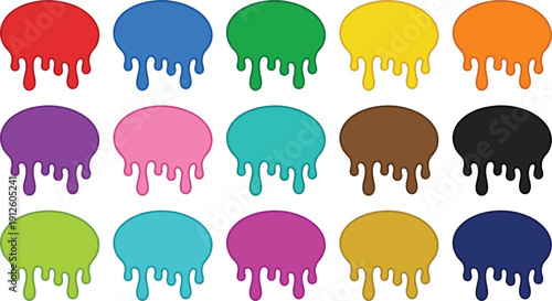 Multicolor dripping paint blobs set with rounded liquid drips, isolated on white, perfect for playful borders, labels, stickers and modern graphic designs