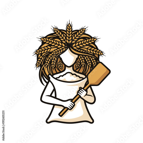 Whimsical illustration of a baker's goddess figure, embodying the spirit of baking with a sack of flour and a wooden paddle