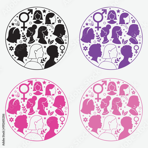 Diverse Women Profiles with Gender Equality Symbols. International Women's Day and Inclusivity Vector Set.
