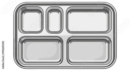 A pristine, empty stainless steel lunch tray with multiple compartments, perfect for serving meals in institutions or schools, isolated on a clean white background.