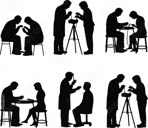 People working with electronics silhouettes set, technicians repairing devices and using tools, professional service and technology concept isolated on white background illustration