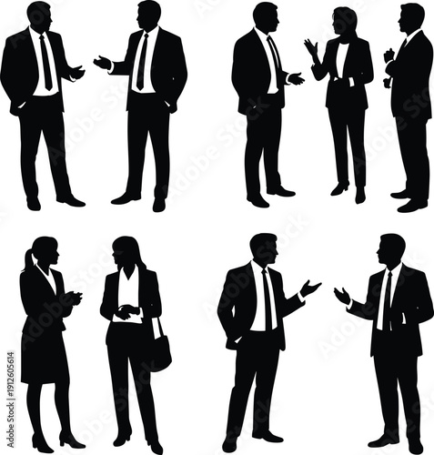 Business people silhouettes set in professional conversation, corporate teamwork and communication concept, black human figures of managers discussing isolated on white background illustration