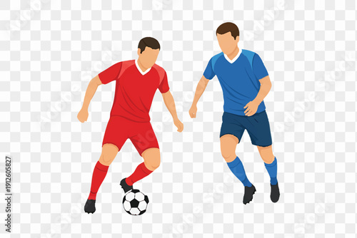 Two soccer players in red and blue uniforms competing for the ball