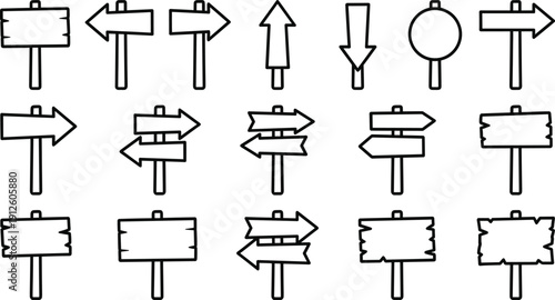 Hand drawn direction signpost icons set in black outline style with arrows and blank boards, perfect for maps, navigation, travel guides and infographic design