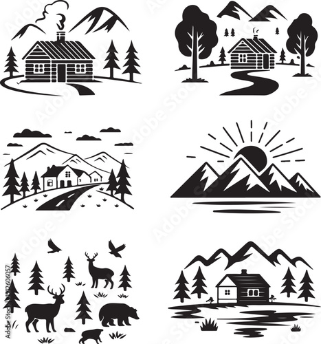 House Mountain landscape with animals. Nature set