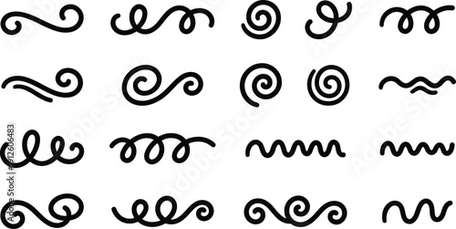 Hand drawn swirl and flourish doodles set in black with curls, spirals and decorative strokes for dividers, ornaments, calligraphy and invitations
