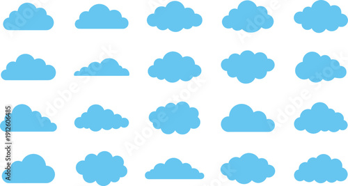 Blue cloud icons set in flat style with different sky cloud shapes, ideal for weather apps, UI elements, forecast graphics and infographic design