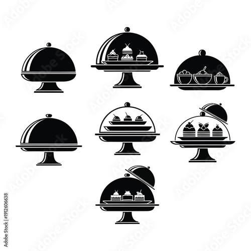 Assorted serving dishes with transparent and opaque domes showcasing various food items in a clean and simple illustration style